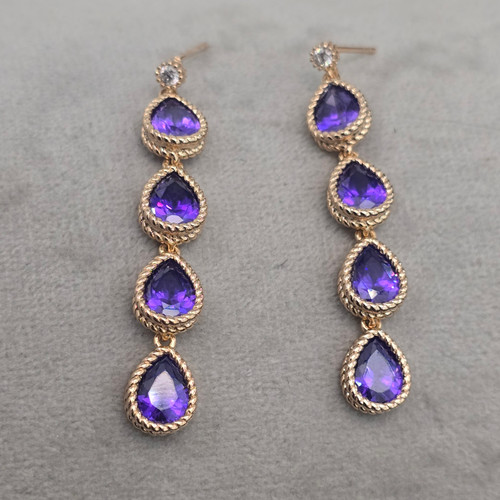 گوشواره ۴ اشک آویز نگین جواهری بنفش ژوپینگ
